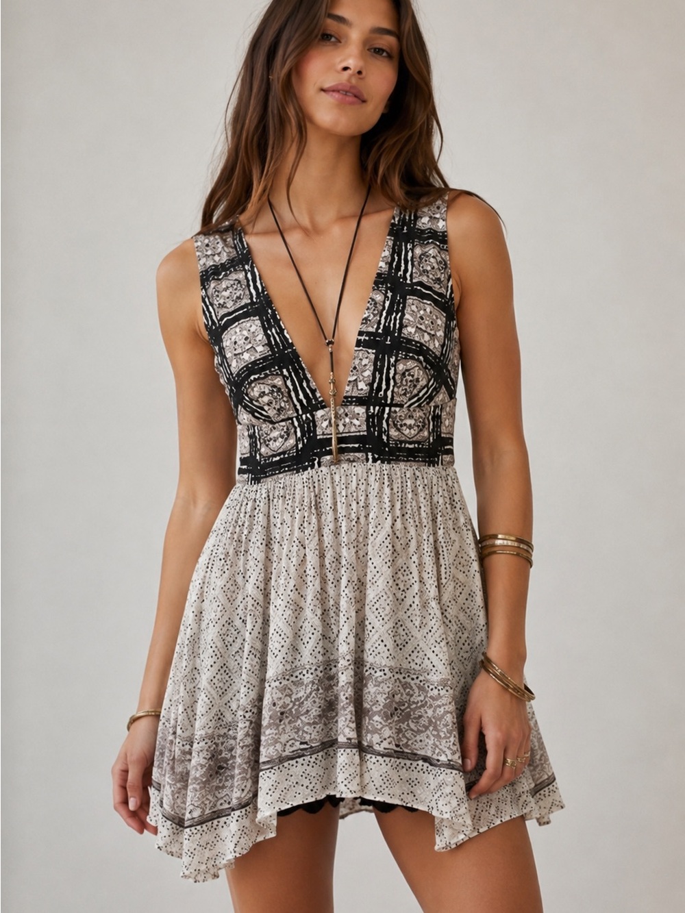 Free People Boho Printed Lace-Up Back Dress XS
